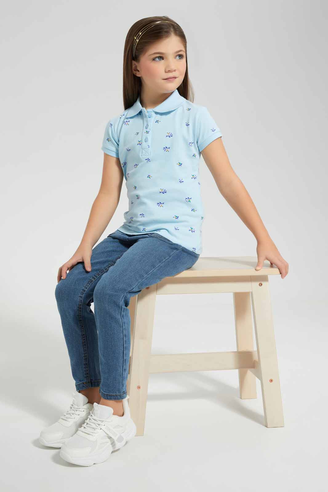 Redtag-Blue-Aop-Polo-Tee-Category:T-Shirts,-Colour:Blue,-Filter:Girls-(2-to-8-Yrs),-GIR-T-Shirts,-New-In,-New-In-GIR-APL,-Non-Sale,-S22B,-Section:Kidswear,-TBL-Girls-