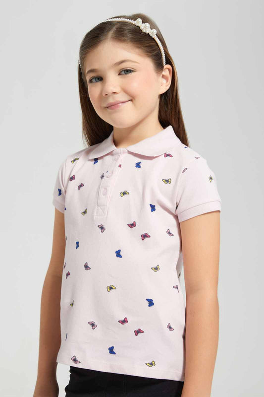 Redtag-Pink-Aop-Polo-Tee-Category:T-Shirts,-Colour:Pink,-Filter:Girls-(2-to-8-Yrs),-GIR-T-Shirts,-New-In,-New-In-GIR-APL,-Non-Sale,-S22B,-Section:Kidswear,-TBL-Girls-