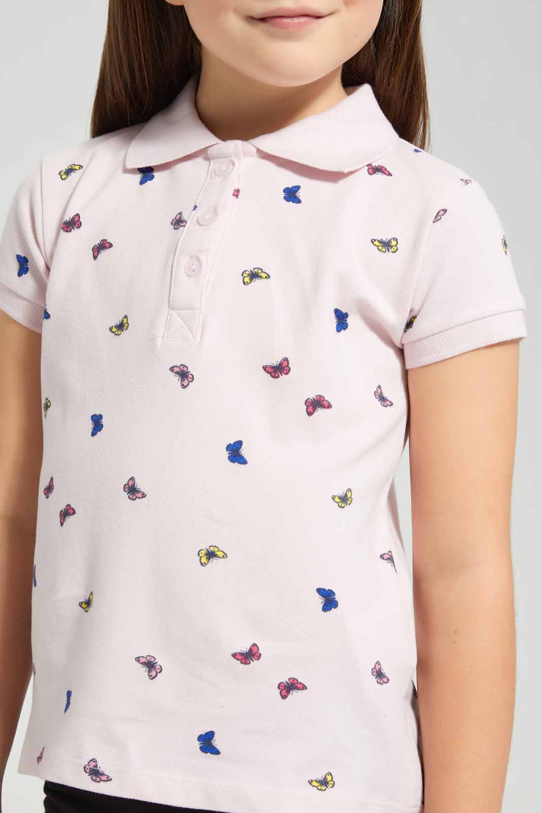 Redtag-Pink-Aop-Polo-Tee-Category:T-Shirts,-Colour:Pink,-Filter:Girls-(2-to-8-Yrs),-GIR-T-Shirts,-New-In,-New-In-GIR-APL,-Non-Sale,-S22B,-Section:Kidswear,-TBL-Girls-