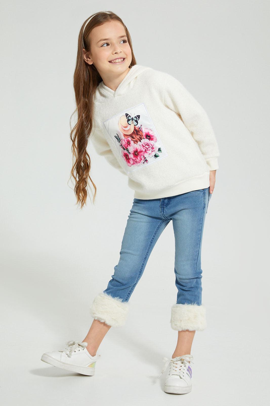 Redtag-Cream-Fur-Hooded-Sweatshirt-Sweatshirts-Girls-2 to 8 Years