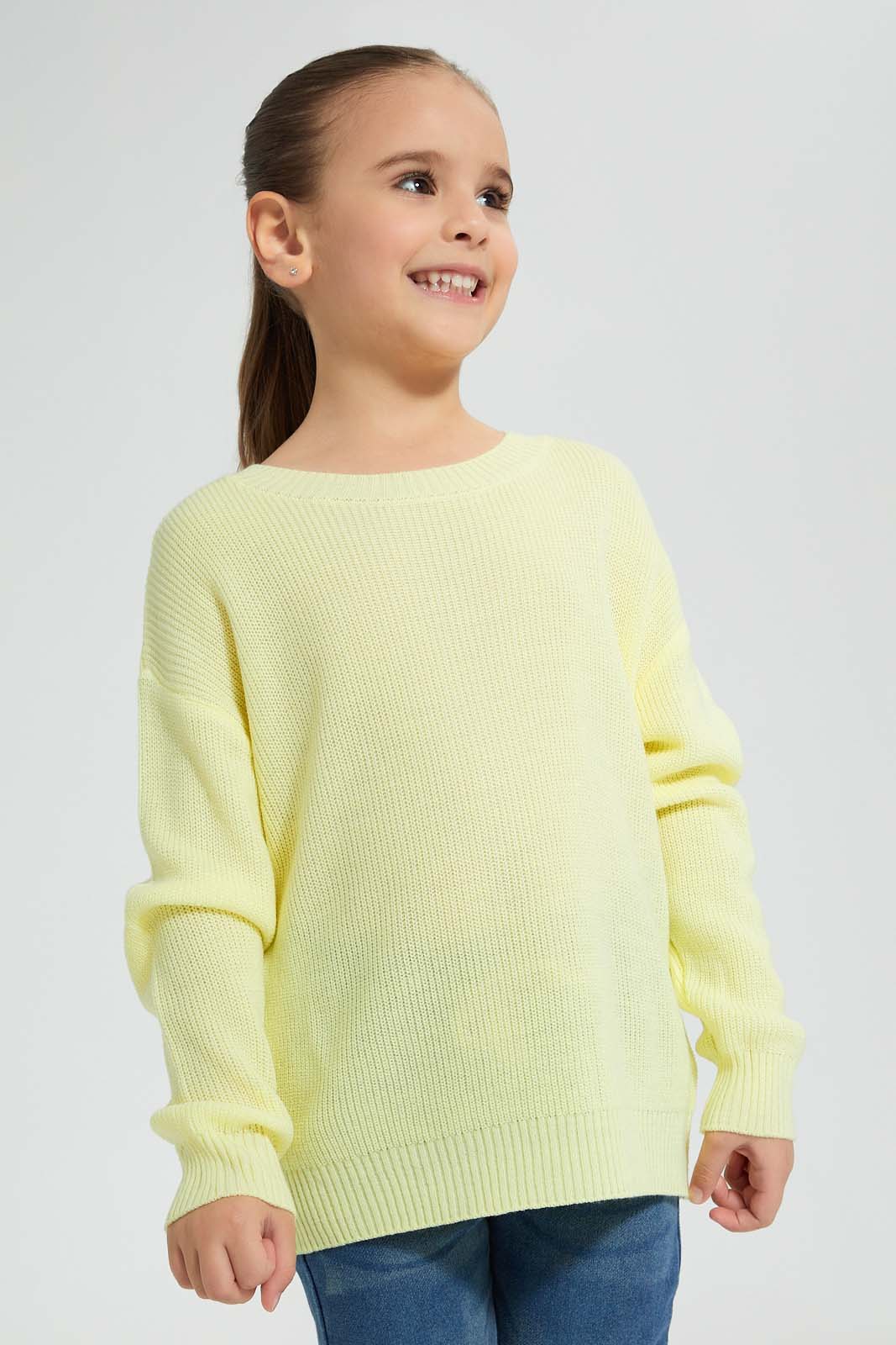 Redtag-Yellow-Crew-Neck-Pullover-Pullovers-Girls-2 to 8 Years