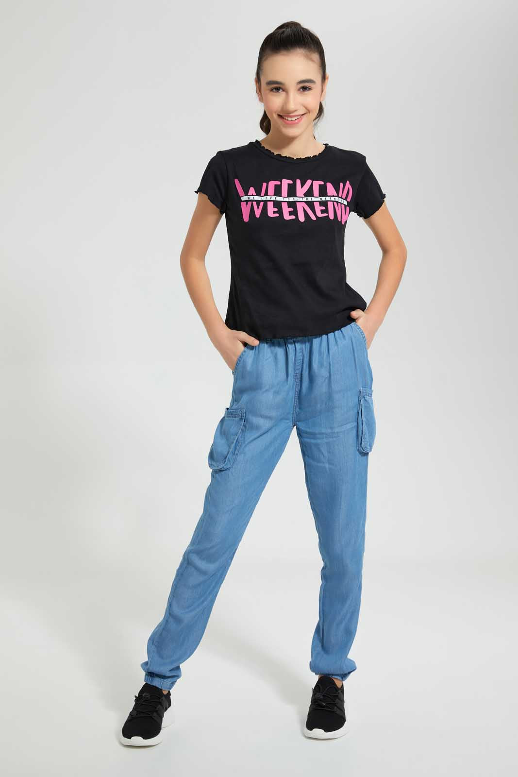 Redtag-Black-Weekend-Ruffled-T-Shirt-Cropped-Tops-Senior-Girls-9 to 14 Years