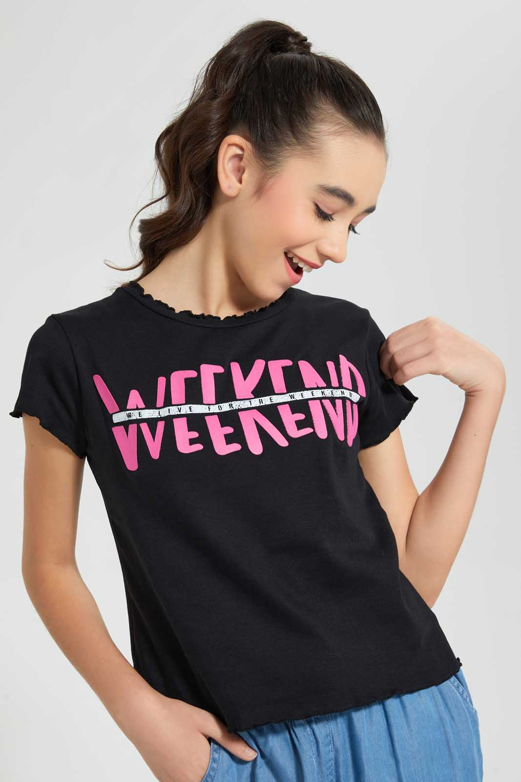 Redtag-Black-Weekend-Ruffled-T-Shirt-Cropped-Tops-Senior-Girls-9 to 14 Years