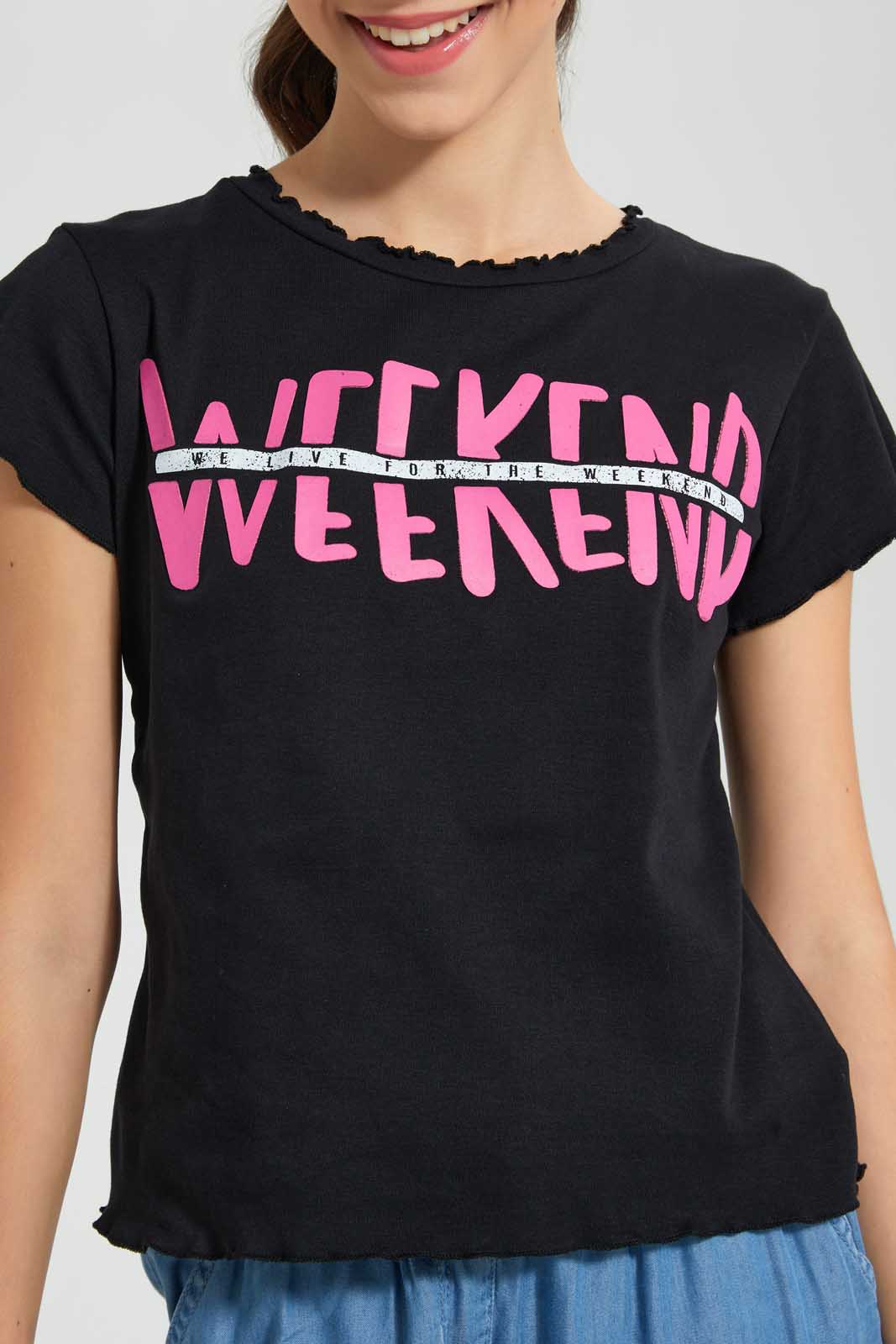 Redtag-Black-Weekend-Ruffled-T-Shirt-Cropped-Tops-Senior-Girls-9 to 14 Years