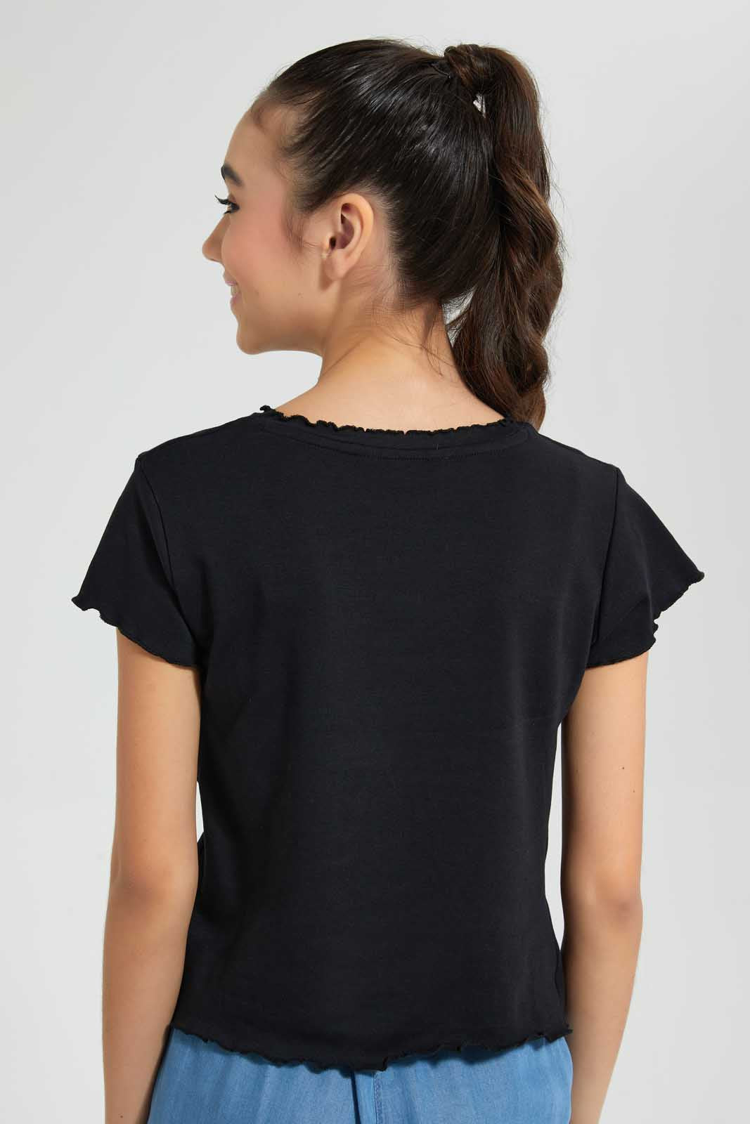 Redtag-Black-Weekend-Ruffled-T-Shirt-Cropped-Tops-Senior-Girls-9 to 14 Years
