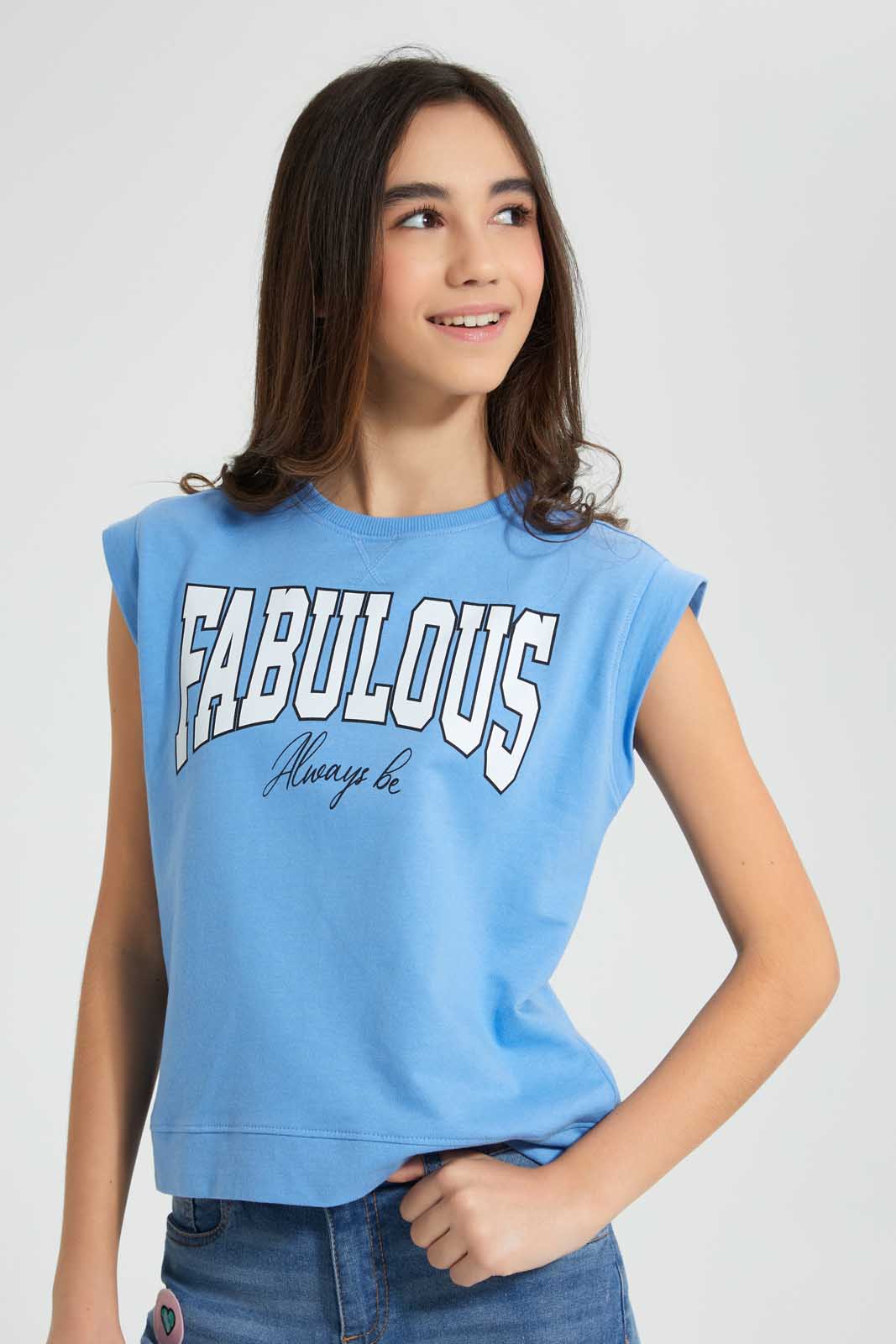 Redtag-Blue-Shortsleeve-Top-Cropped-Tops-Senior-Girls-9 to 14 Years