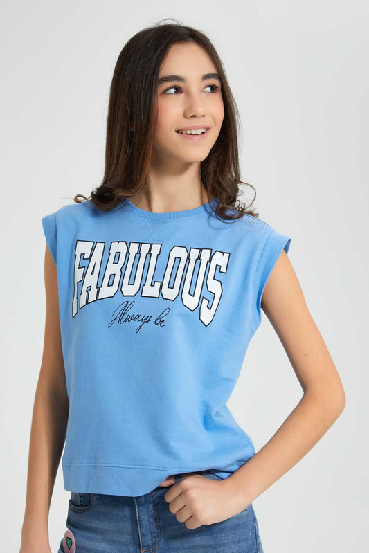 Redtag-Blue-Shortsleeve-Top-Cropped-Tops-Senior-Girls-9 to 14 Years