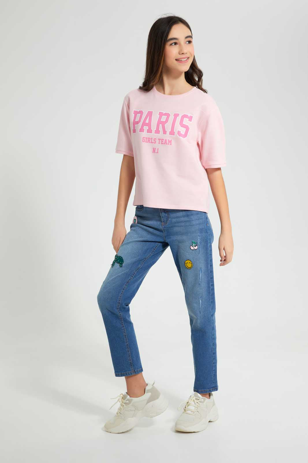 Redtag-Pink-Extended-Sleeve-Top-Cropped-Tops-Senior-Girls-9 to 14 Years