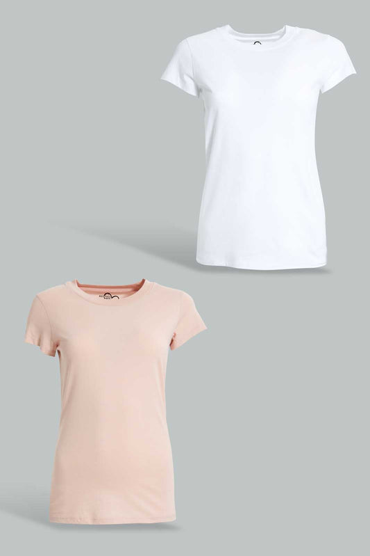 Redtag-Pink/White-2Pcs-Pack-Top-Tops-Senior-Girls-9 to 14 Years