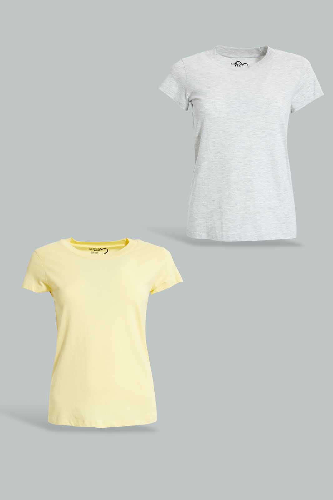 Redtag-Grey-Melange/Yellow-2Pcs-Pack-Top-Tops-Senior-Girls-9 to 14 Years