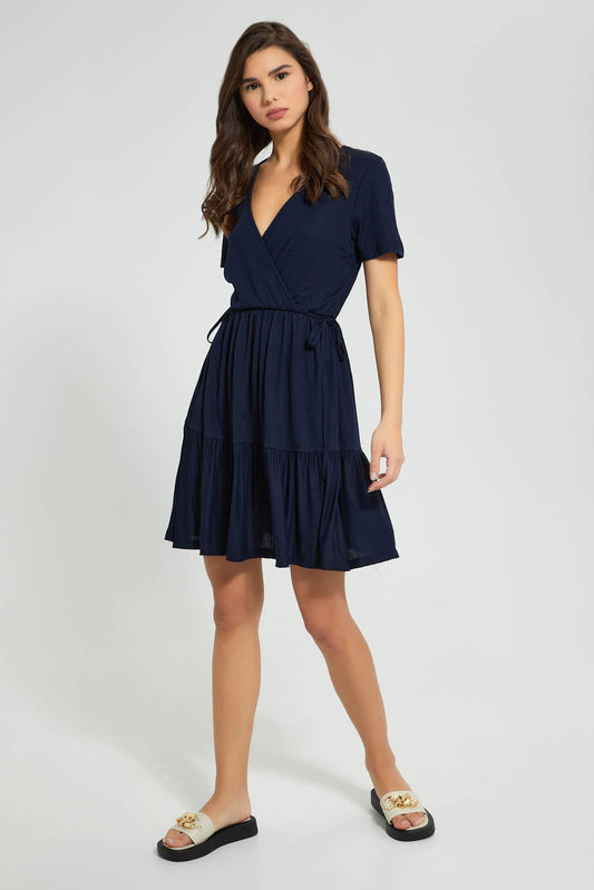 Redtag-Navy-Wrap-Skater-Dress-Dresses-Women's-