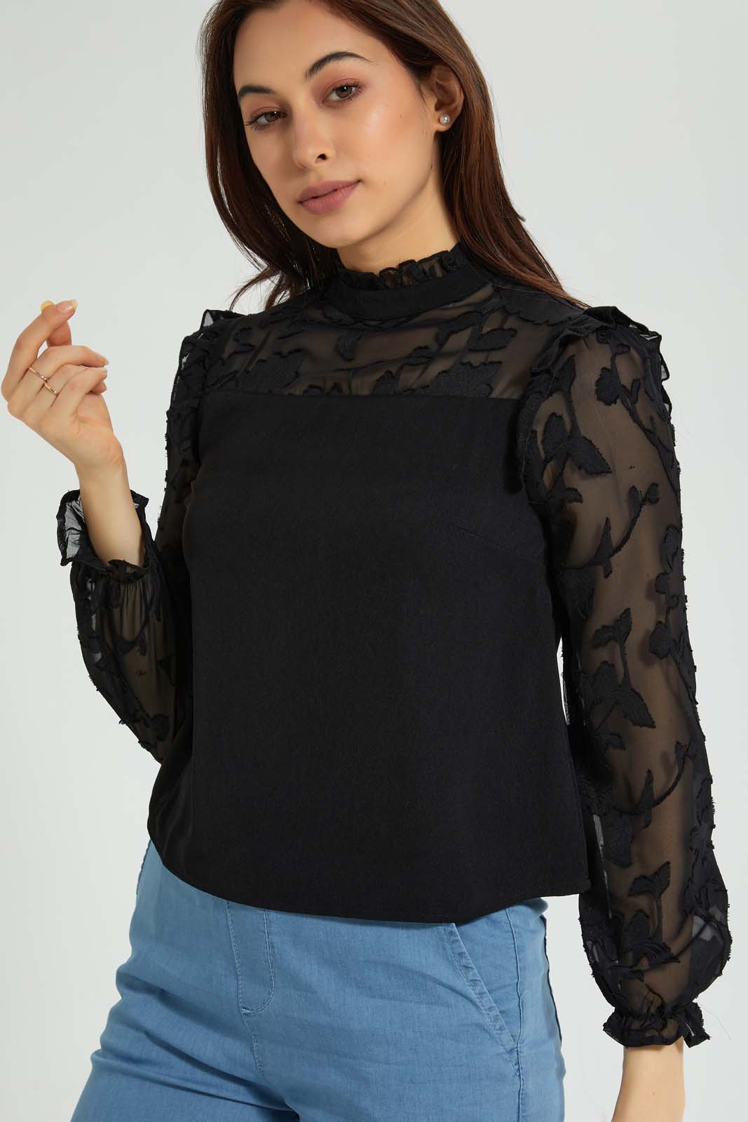 Redtag-White-Jacquard-Yoke-&-Sleeve-Detail-Blouse-Blouses-Women's-