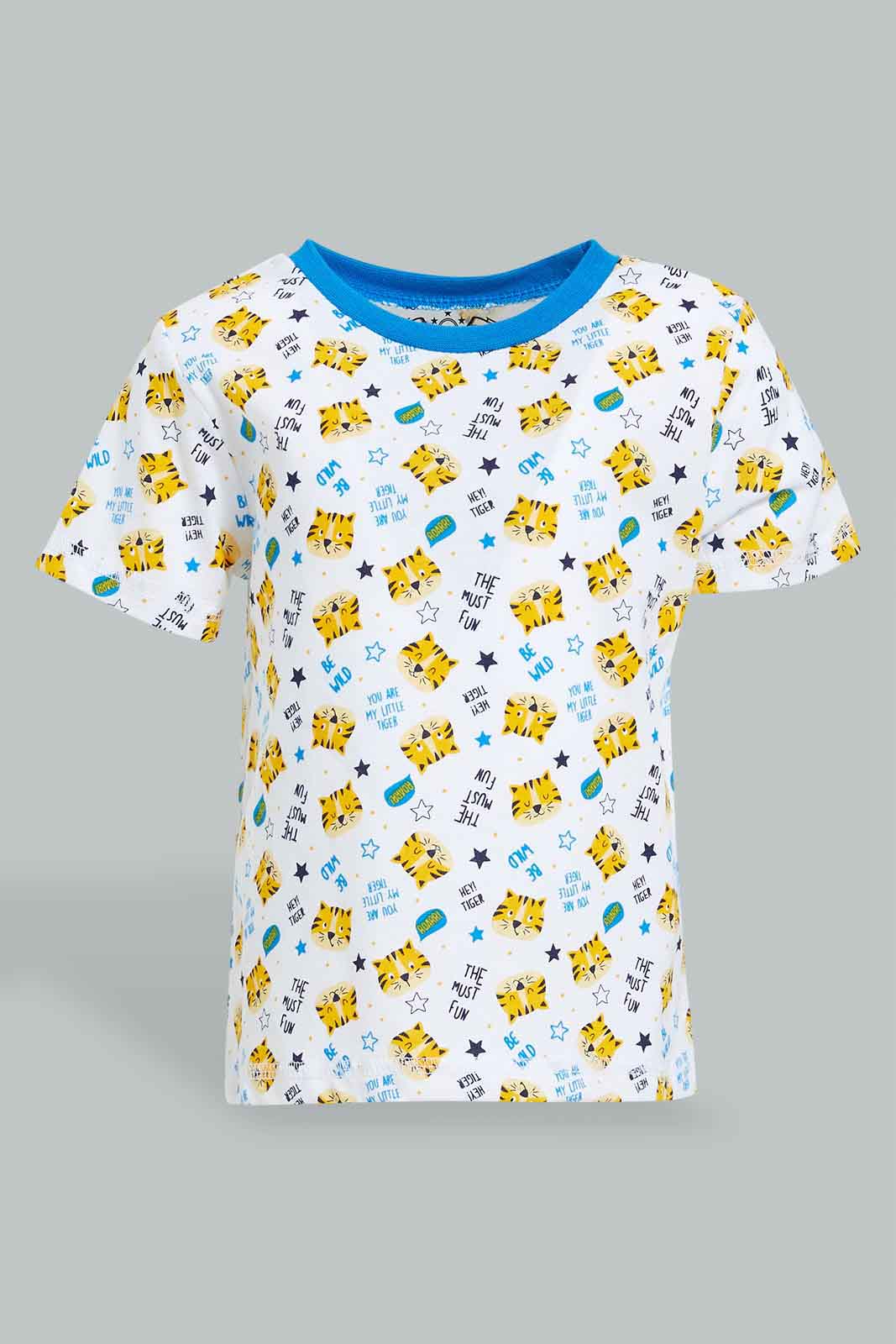 Redtag-Grey-And-White-Tiger-Printed-Pj-Set-Top-Bottom-Shorts-(4-Pack)-Colour:Grey,-Filter:Infant-Boys-(3-to-24-Mths),-Infant-Boys-Pyjama-Sets,-New-In,-New-In-INB,-Non-Sale,-S22B,-Section:Kidswear-Infant-Boys-3 to 24 Months