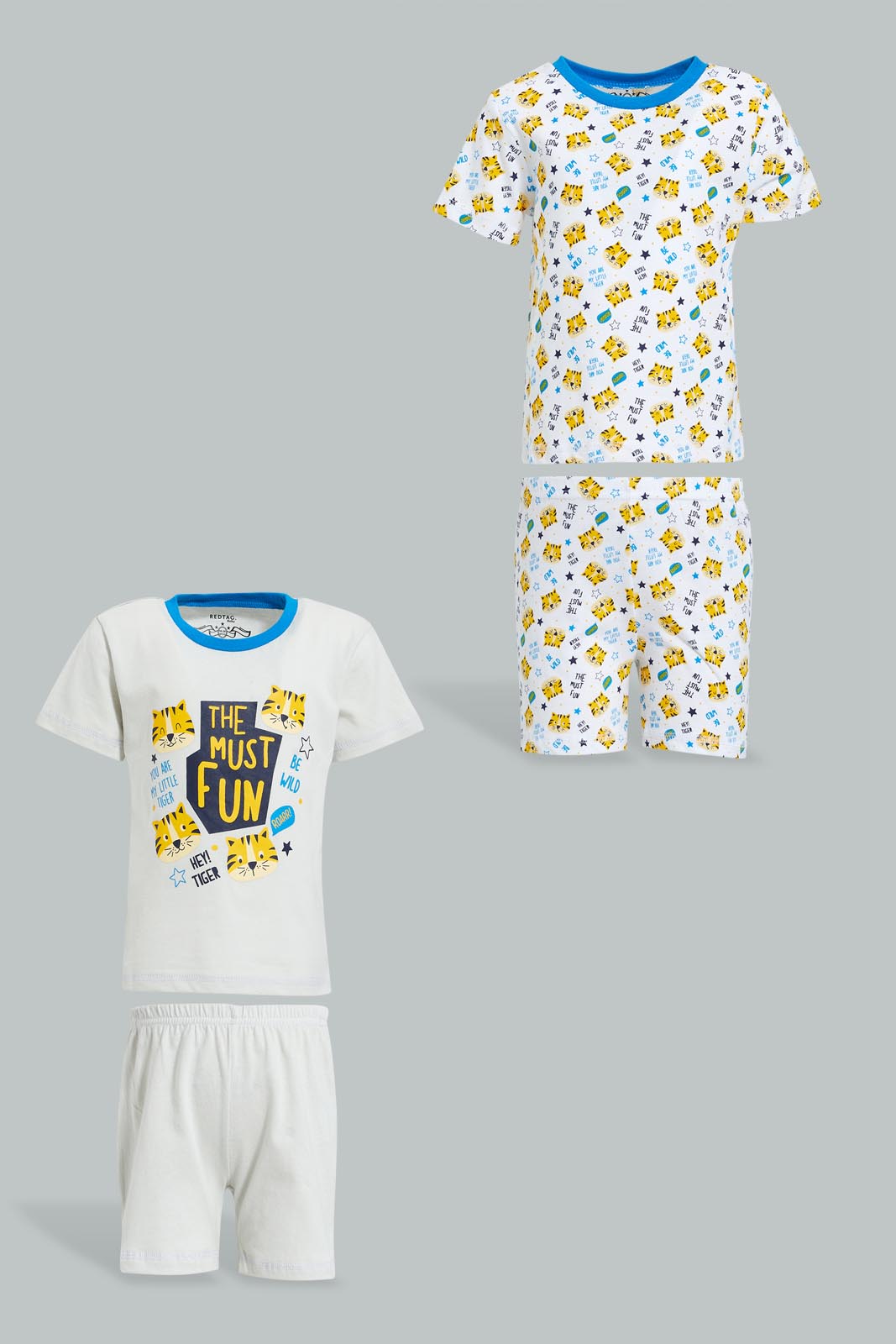 Redtag-Grey-And-White-Tiger-Printed-Pj-Set-Top-Bottom-Shorts-(4-Pack)-Colour:Grey,-Filter:Infant-Boys-(3-to-24-Mths),-Infant-Boys-Pyjama-Sets,-New-In,-New-In-INB,-Non-Sale,-S22B,-Section:Kidswear-Infant-Boys-3 to 24 Months