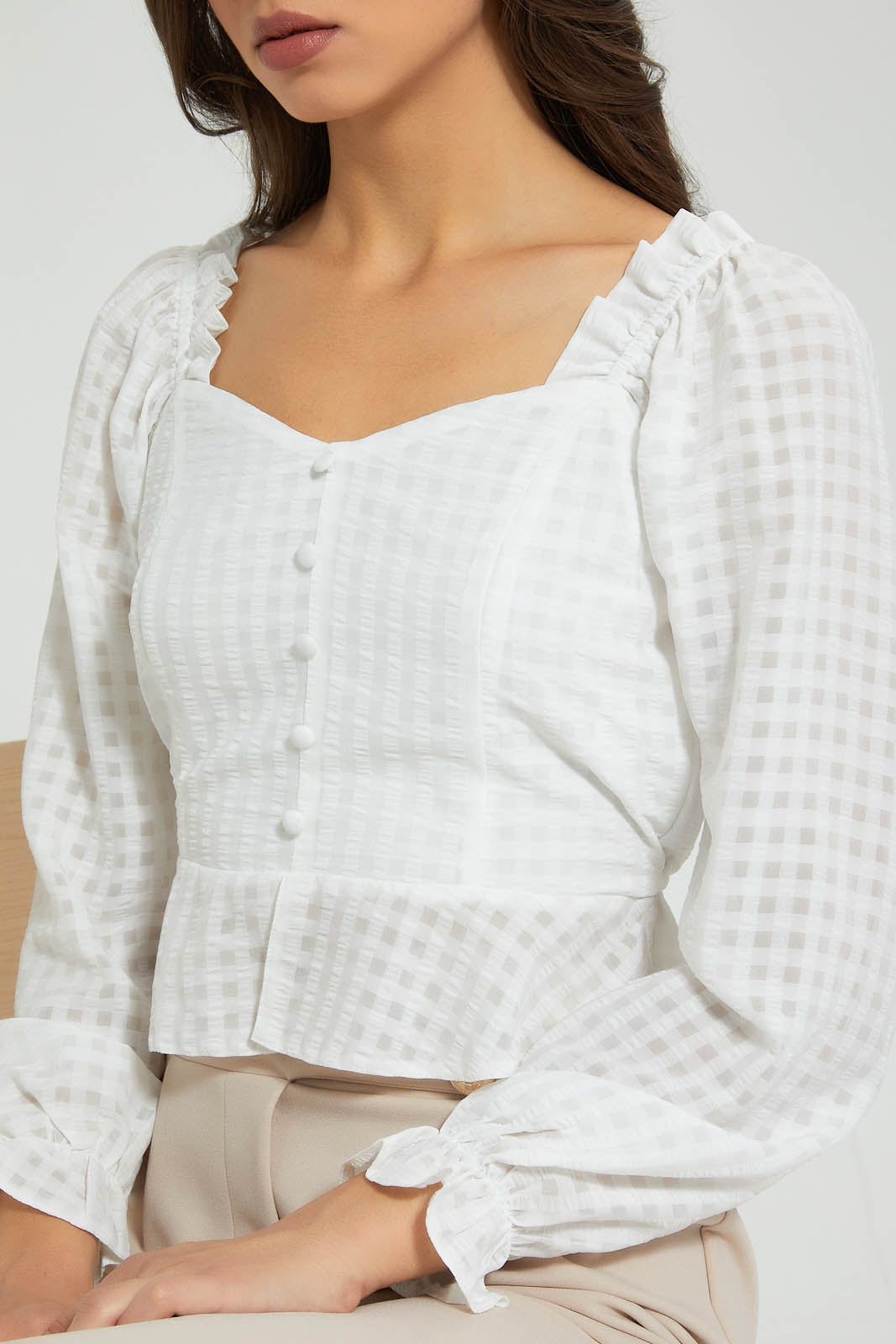 Redtag-White-Check-Peplum-Blouse-Blouses-Women's-