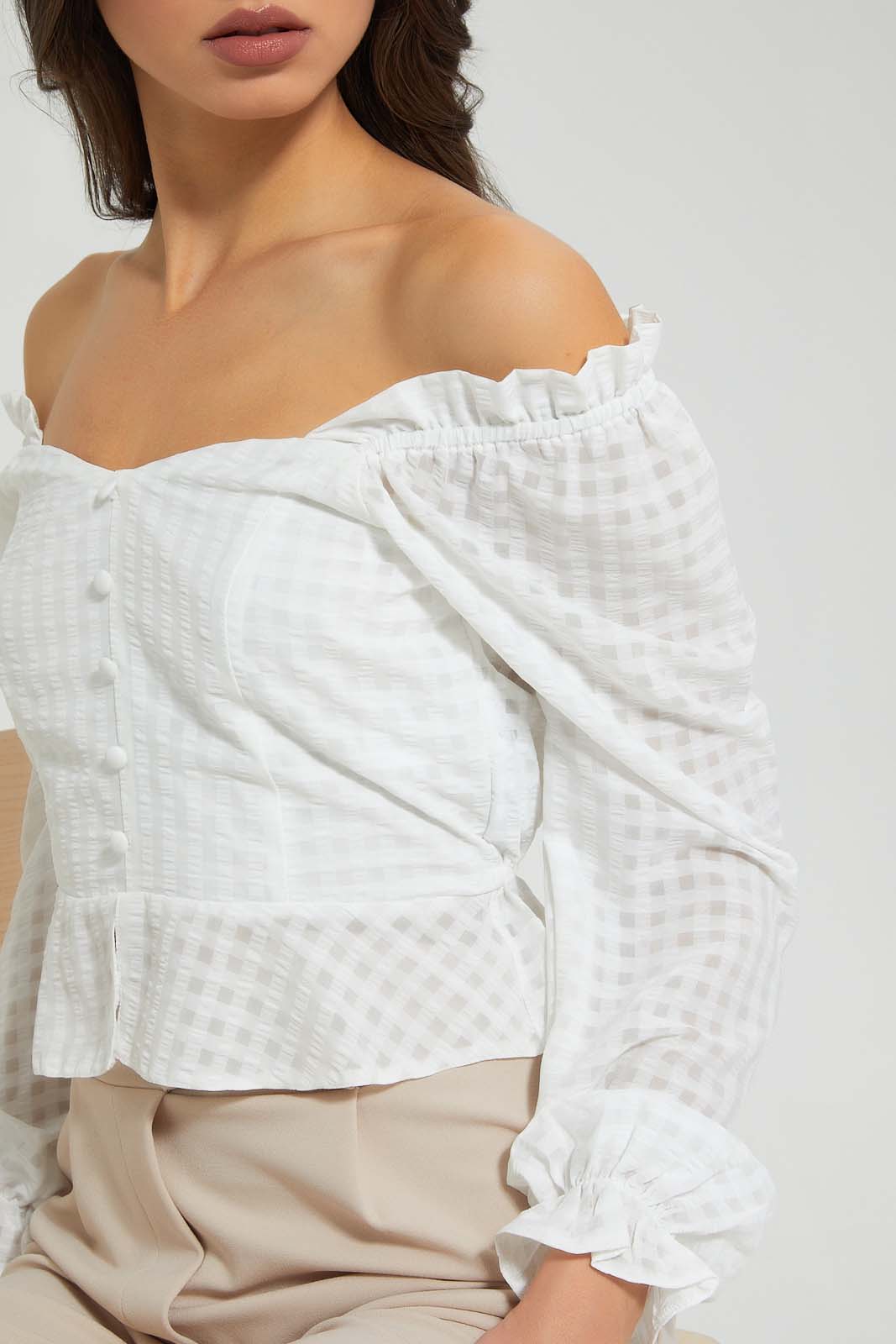 Redtag-White-Check-Peplum-Blouse-Blouses-Women's-