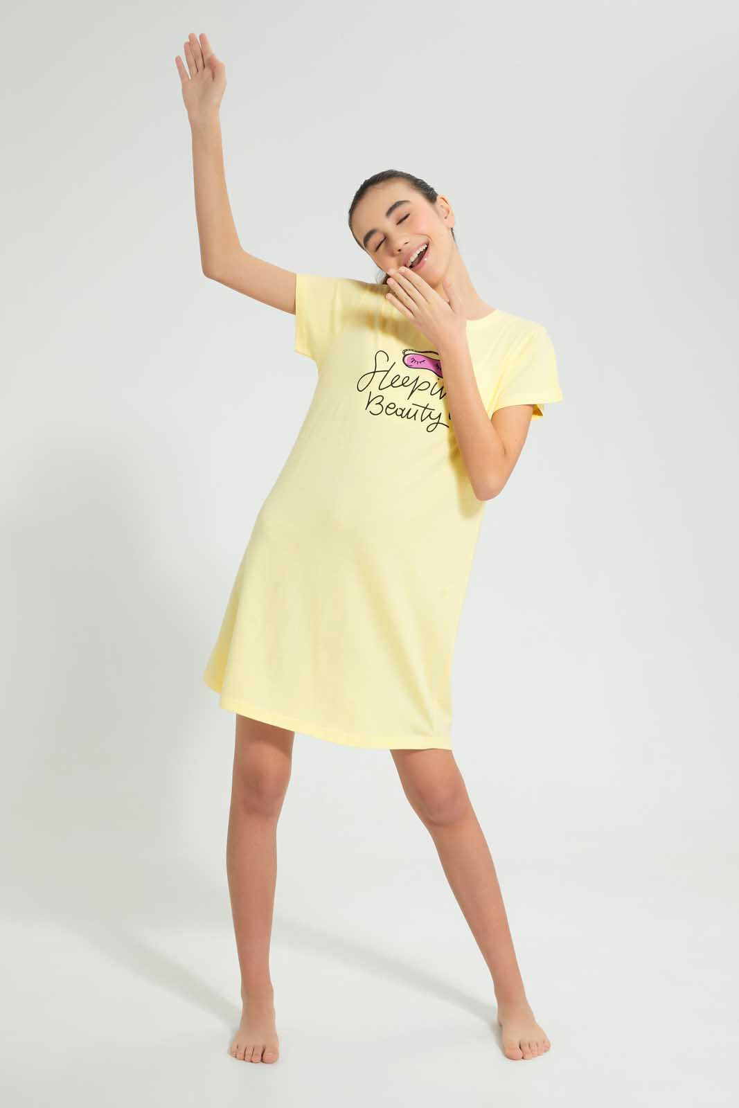 Redtag-Yellow-Nightdress-Nightshirts-Senior-Girls-9 to 14 Years