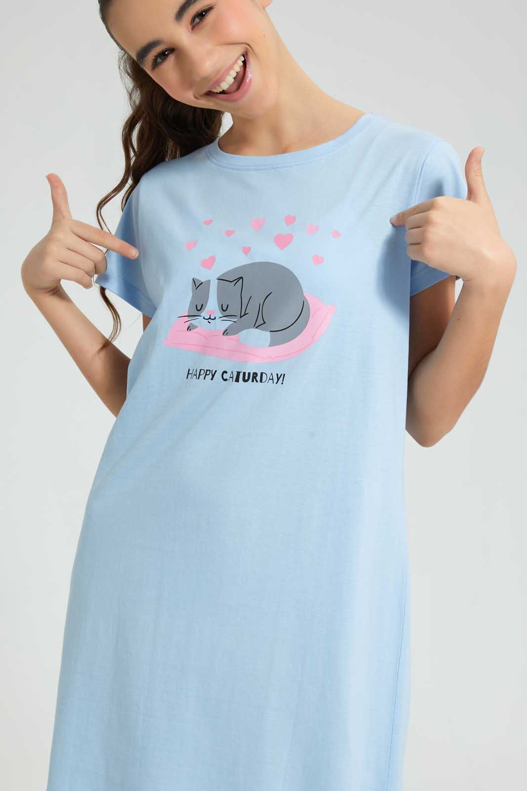 Redtag-Lt-Blue-Nightdress-Nightshirts-Senior-Girls-9 to 14 Years