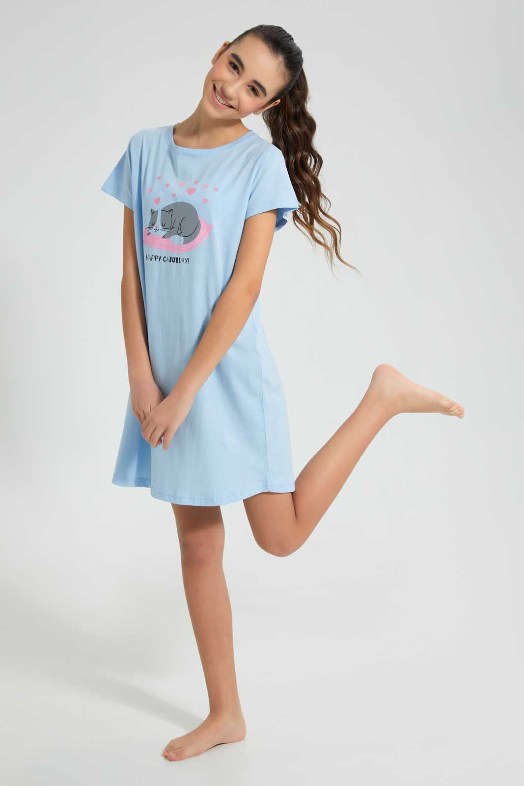 Redtag-Lt-Blue-Nightdress-Nightshirts-Senior-Girls-9 to 14 Years