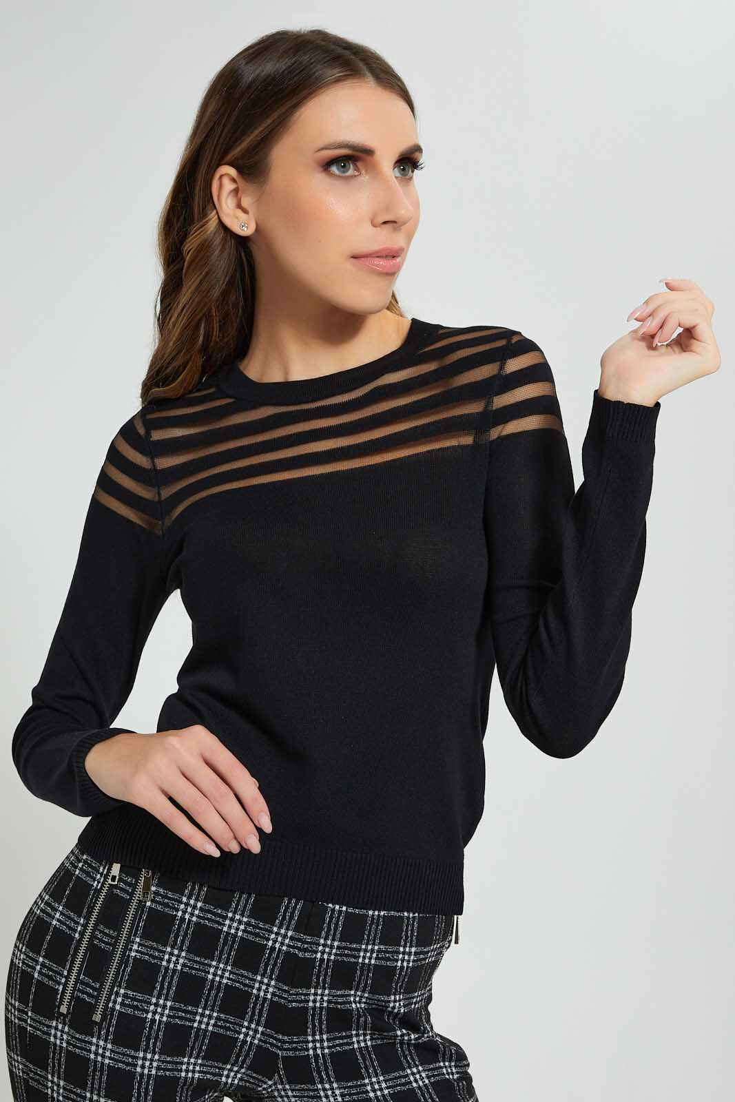 Redtag-Black-Longsleeve-Mesh-Top-Tops-Women's-