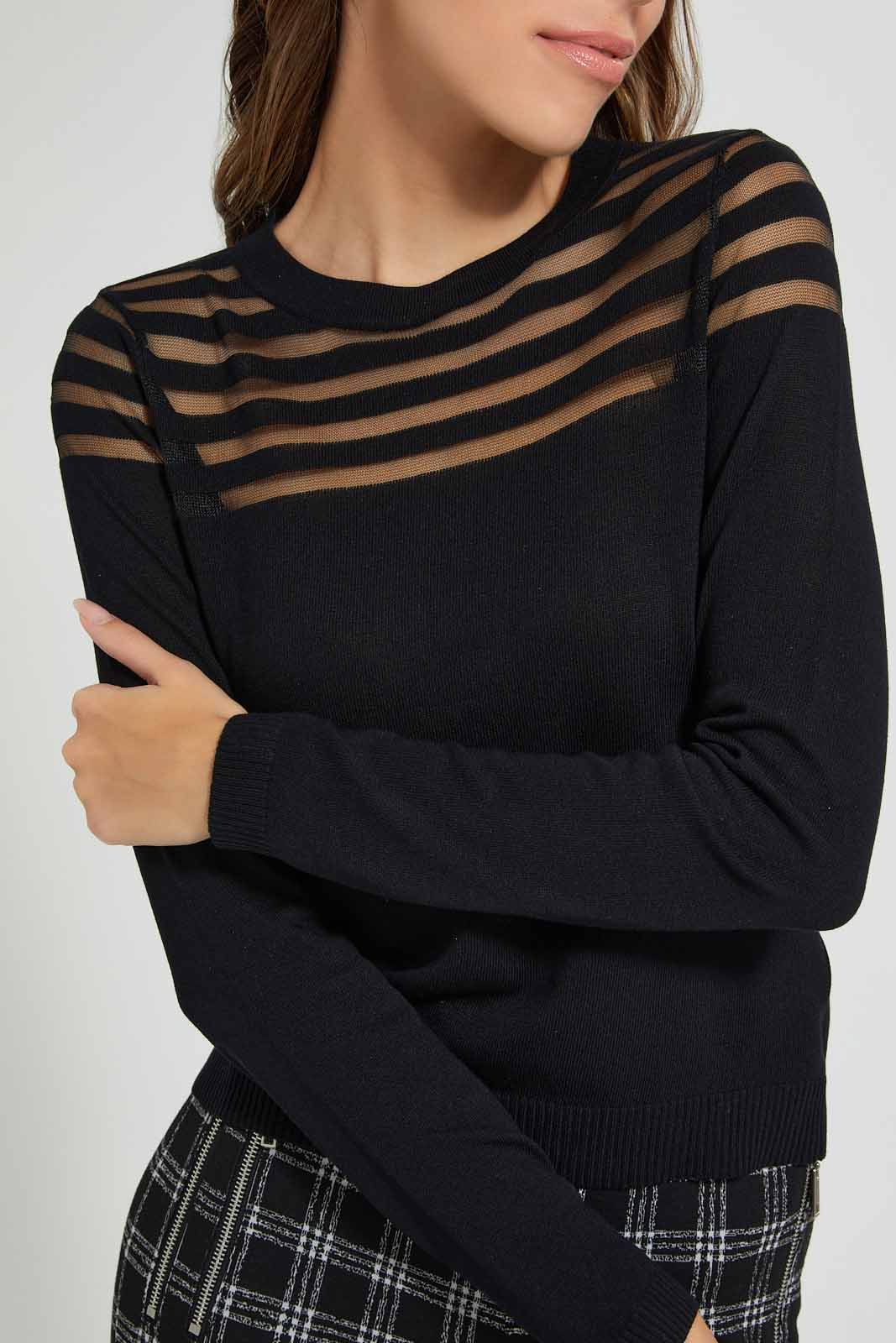 Redtag-Black-Longsleeve-Mesh-Top-Tops-Women's-