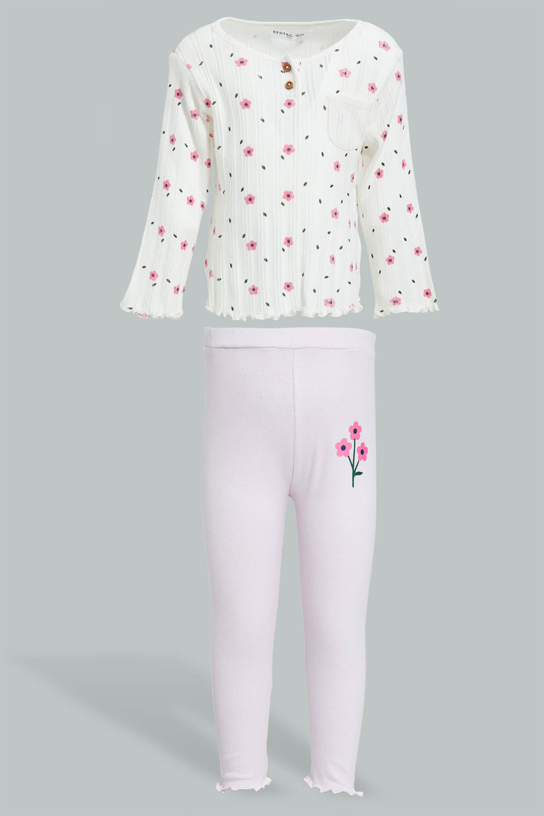 Redtag-Ivory-Printed-T-Shirt-And-Lilac-Solid-Legging-Sets-Infant-Girls-3 to 24 Months