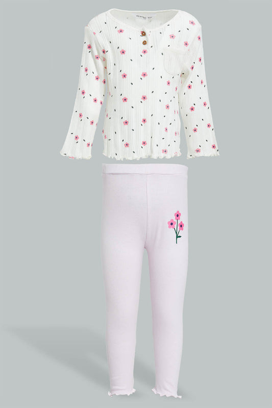 Redtag-Ivory-Printed-T-Shirt-And-Lilac-Solid-Legging-Sets-Infant-Girls-3 to 24 Months