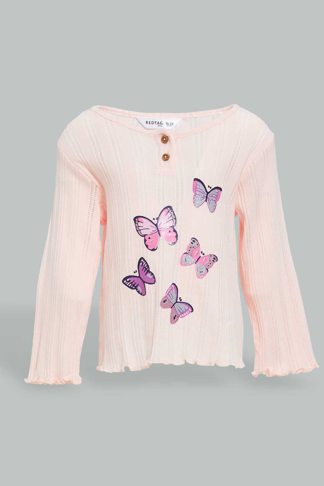 Redtag-Pink-T-Shirt-With-Placement-Print-And-Navy-Solid-Legging-Sets-Infant-Girls-3 to 24 Months