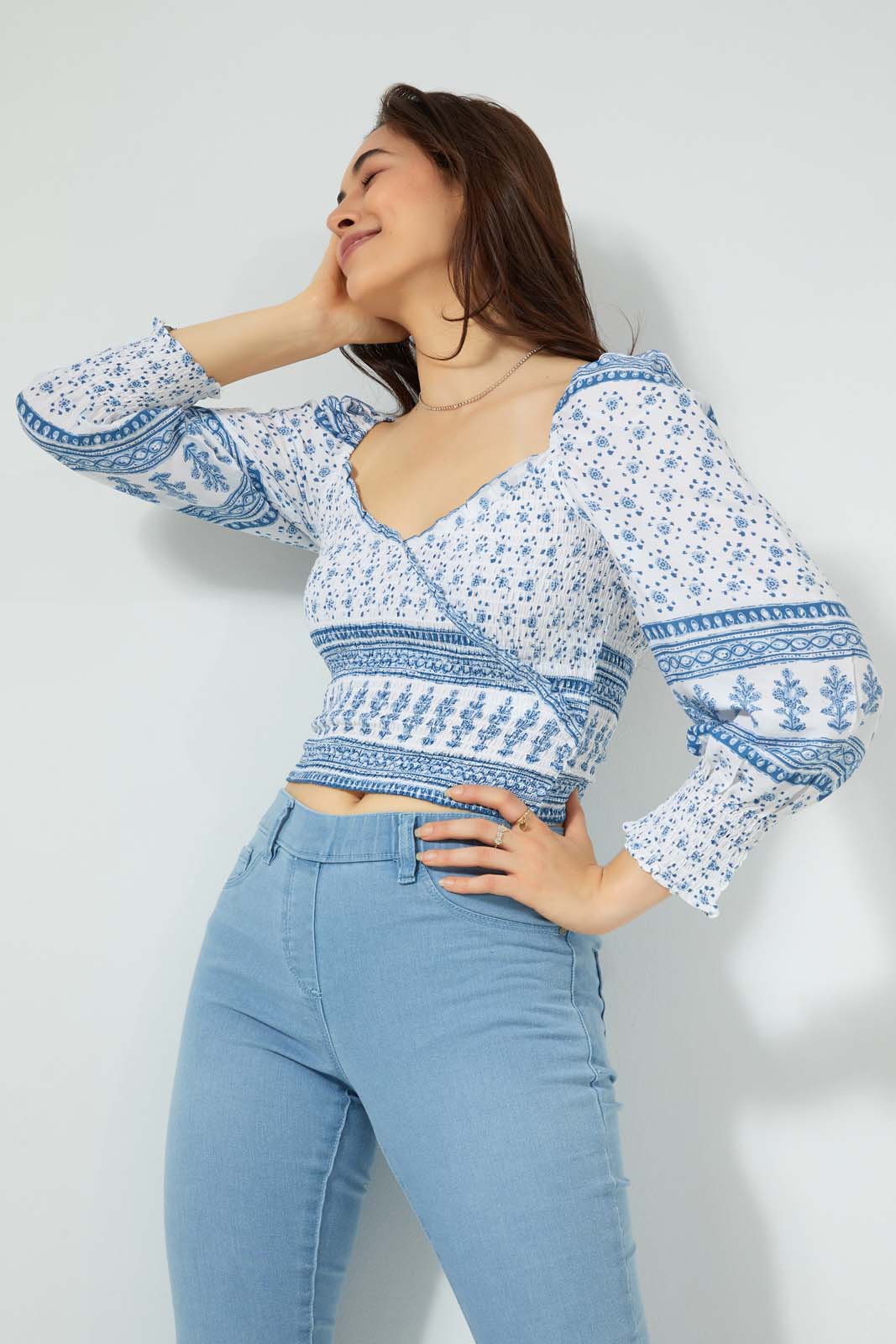 Redtag-Blue-Ditsy-Floral-Print-Wrap-Blouse-Blouses-Women's-