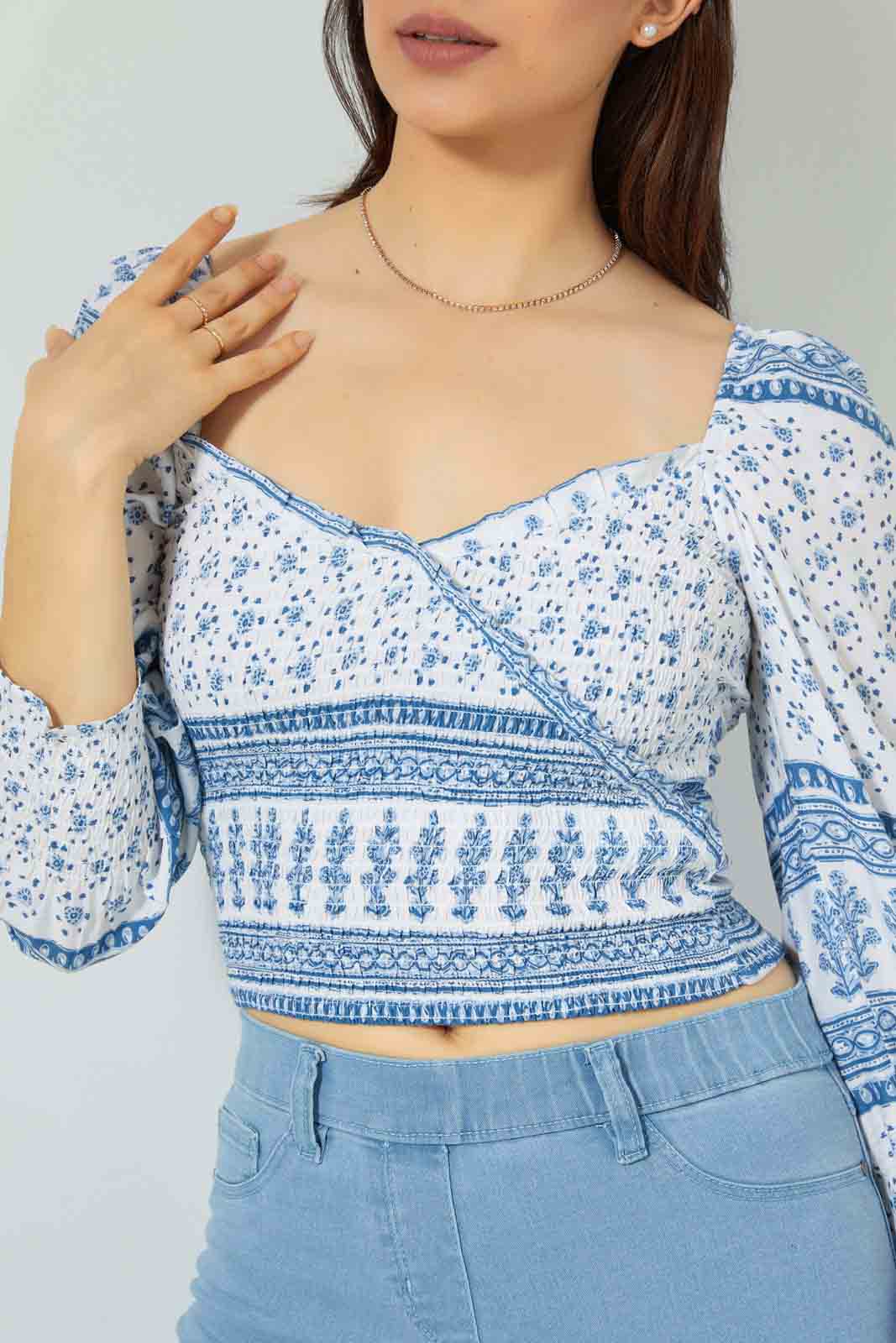 Redtag-Blue-Ditsy-Floral-Print-Wrap-Blouse-Blouses-Women's-