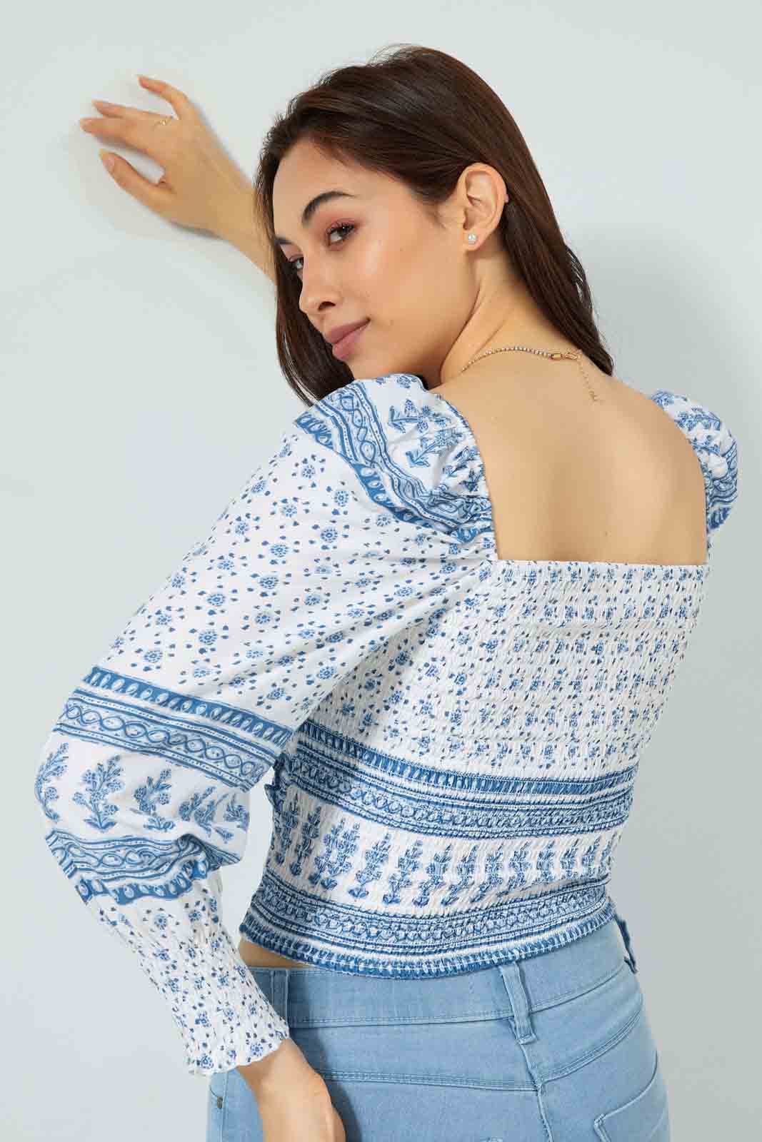 Redtag-Blue-Ditsy-Floral-Print-Wrap-Blouse-Blouses-Women's-