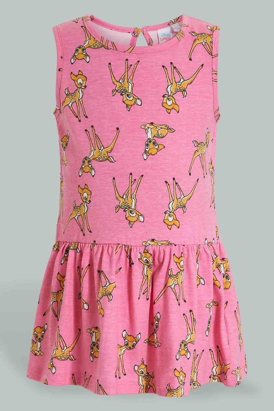 Redtag-Pink-Bambi-Printed-S/L-Dress-Dresses-Infant-Girls-3 to 24 Months