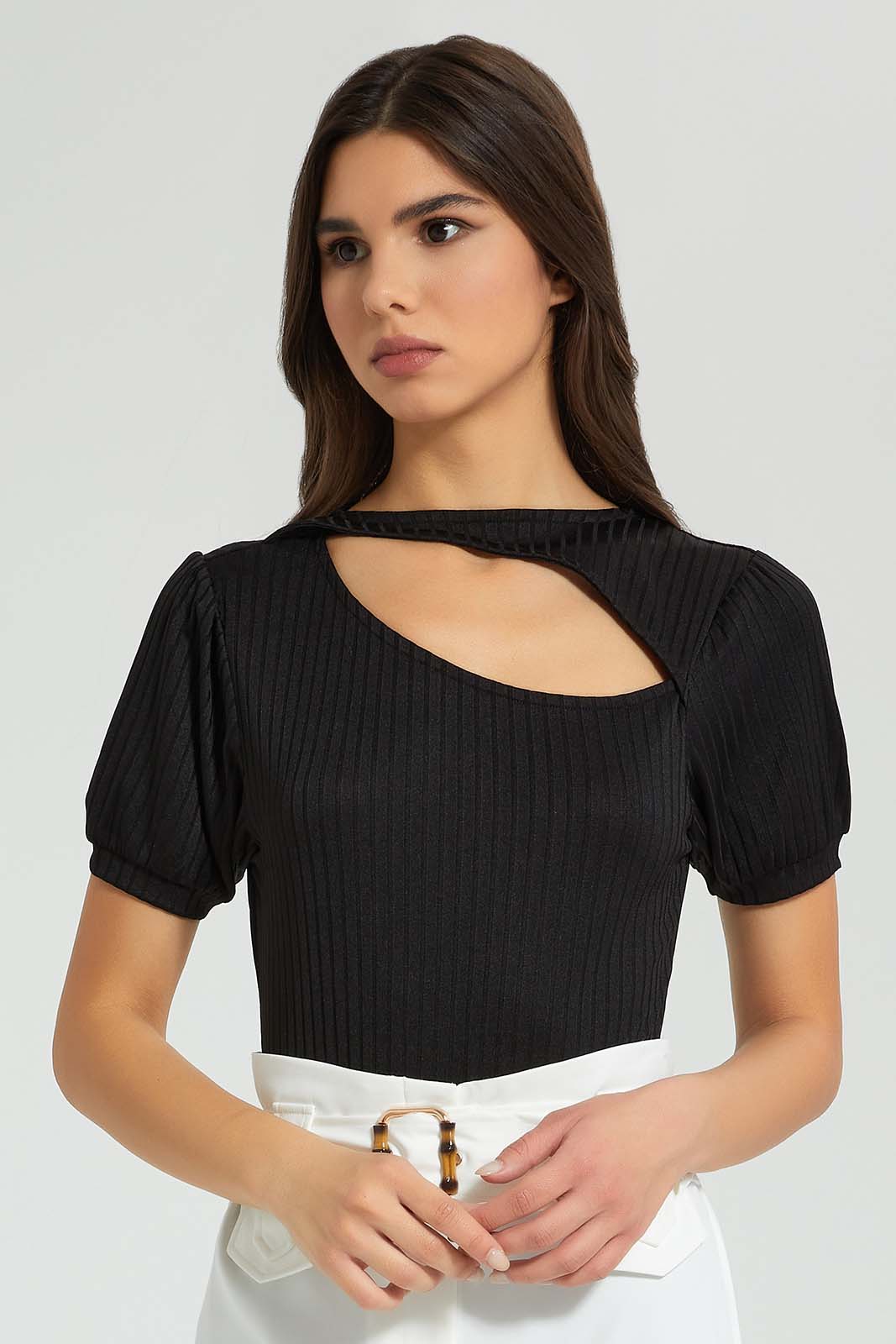 Black Ribbed Top With Cut Out Neck
