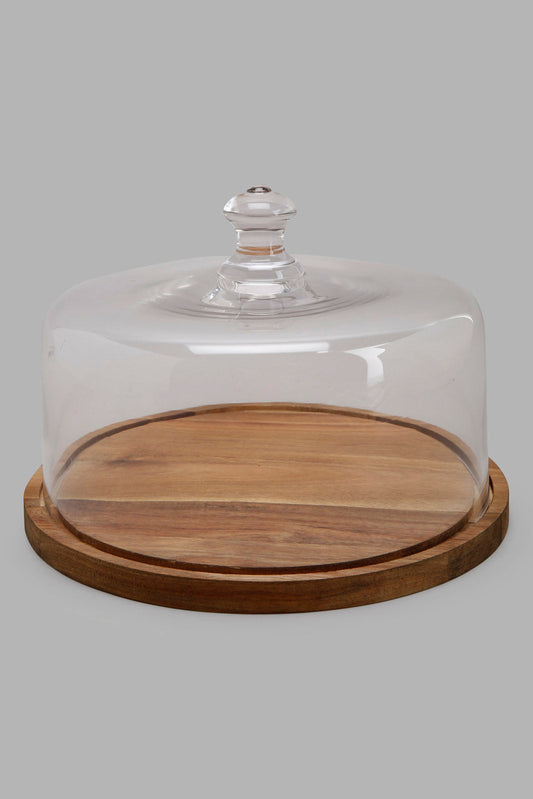 Redtag-Clear-Glass-Cake-Dome-With-Wooden-Tray-Category:Canisters-And-Jars,-Colour:Clear,-Filter:Home-Dining,-HMW-DIN-Serveware,-Non-Sale,-S22C,-Section:Homewares-Home-Dining-