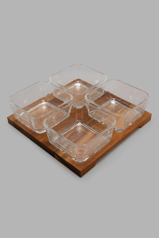 Redtag-Clear-Glass-Square-Bowl-With-Wooden-Tray(4-Piece)-Category:Bowls,-Colour:Clear,-Filter:Home-Dining,-HMW-DIN-Serveware,-Non-Sale,-S22C,-Section:Homewares-Home-Dining-