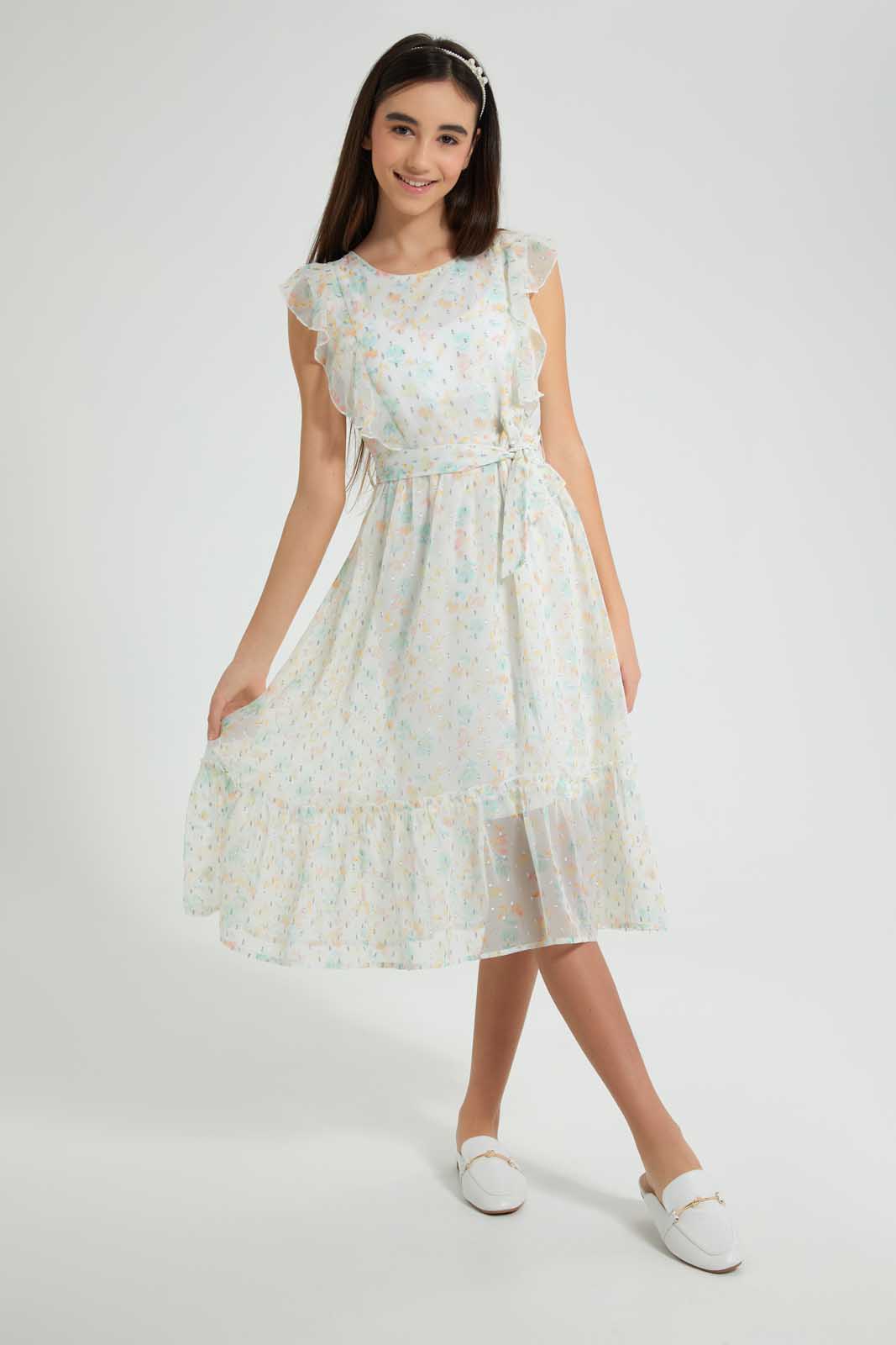 Redtag-White/Yellow-Floral-Dress-Dresses-Senior-Girls-9 to 14 Years