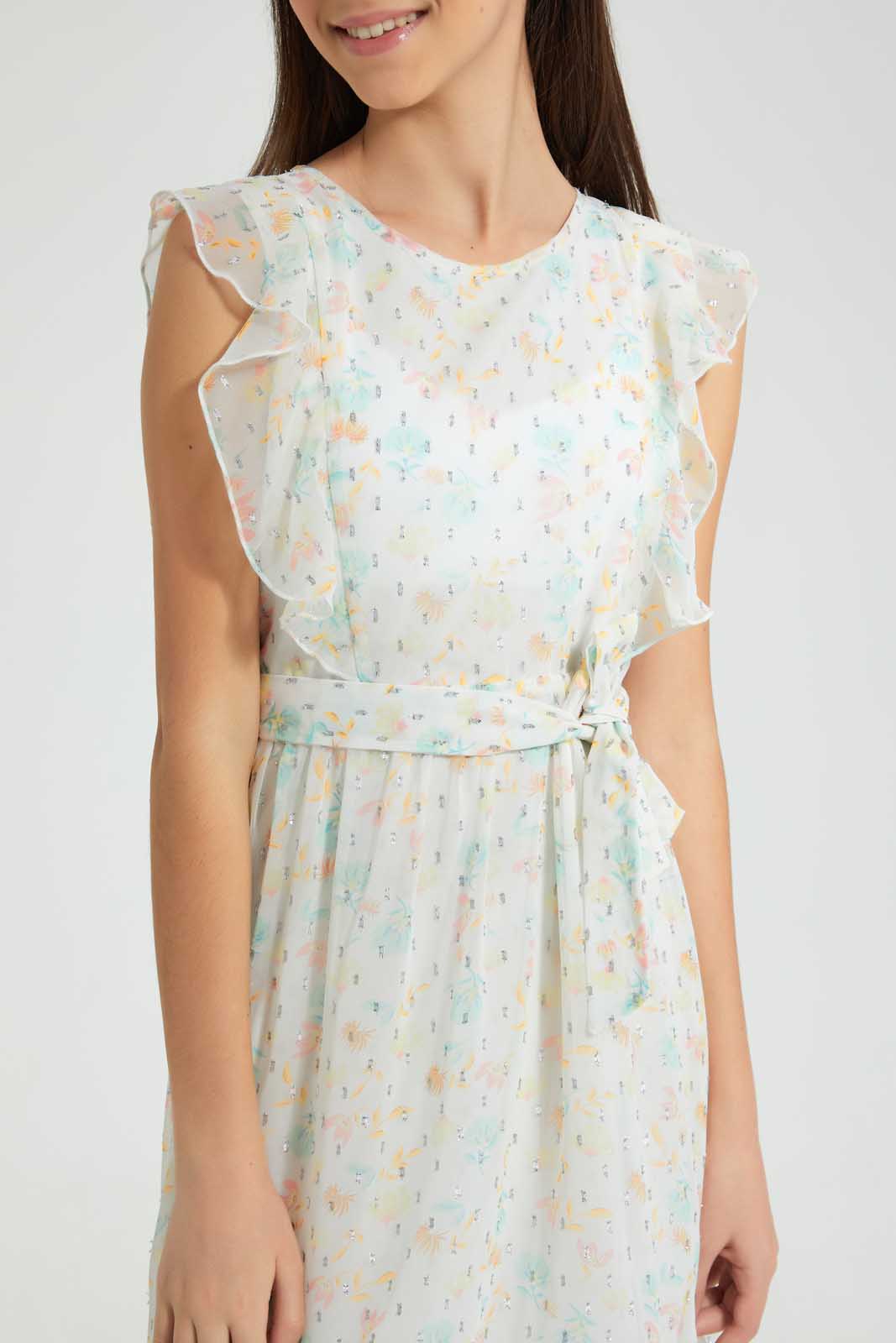 Redtag-White/Yellow-Floral-Dress-Dresses-Senior-Girls-9 to 14 Years