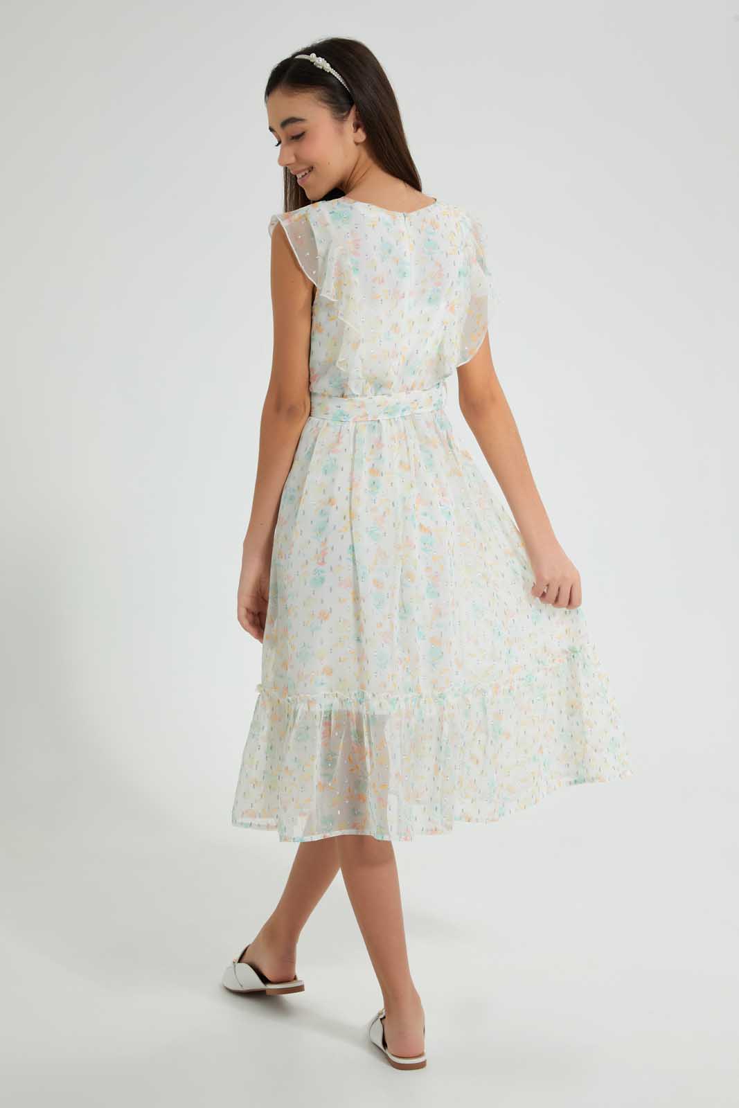 Redtag-White/Yellow-Floral-Dress-Dresses-Senior-Girls-9 to 14 Years