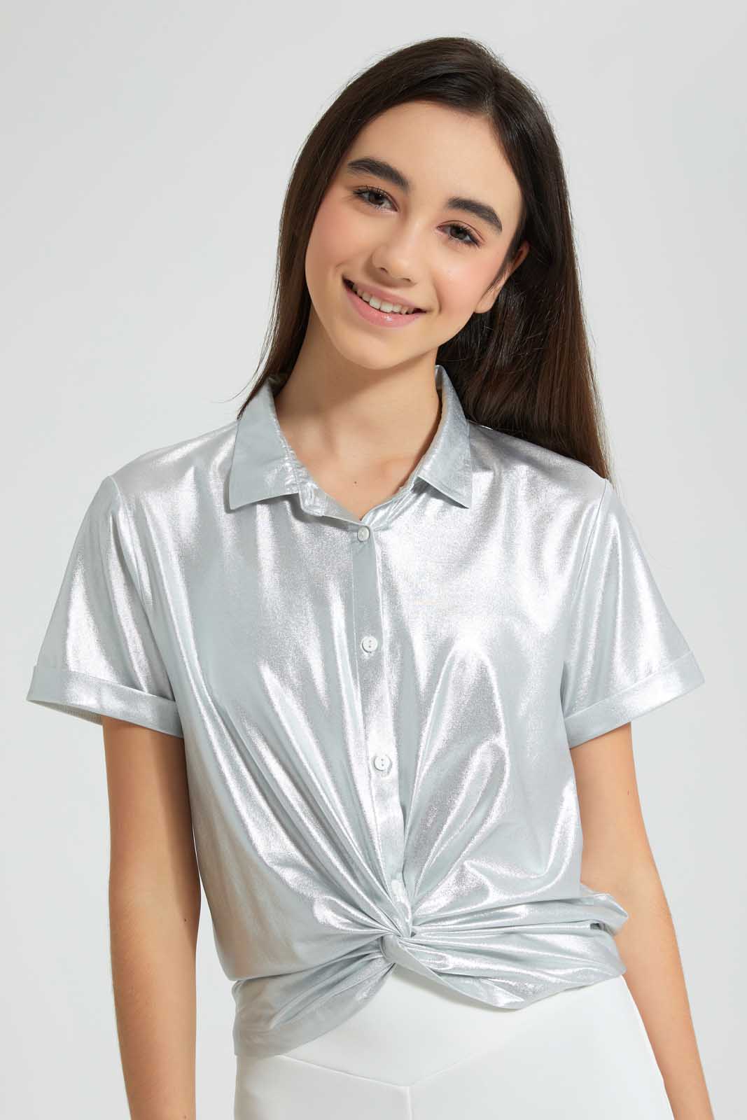 Redtag-Silver-Coated-Front-Tie-Collared-Top-Blouses-Senior-Girls-9 to 14 Years