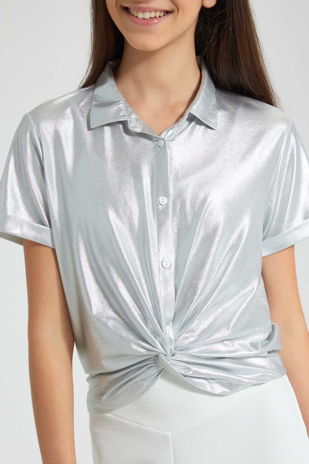 Redtag-Silver-Coated-Front-Tie-Collared-Top-Blouses-Senior-Girls-9 to 14 Years