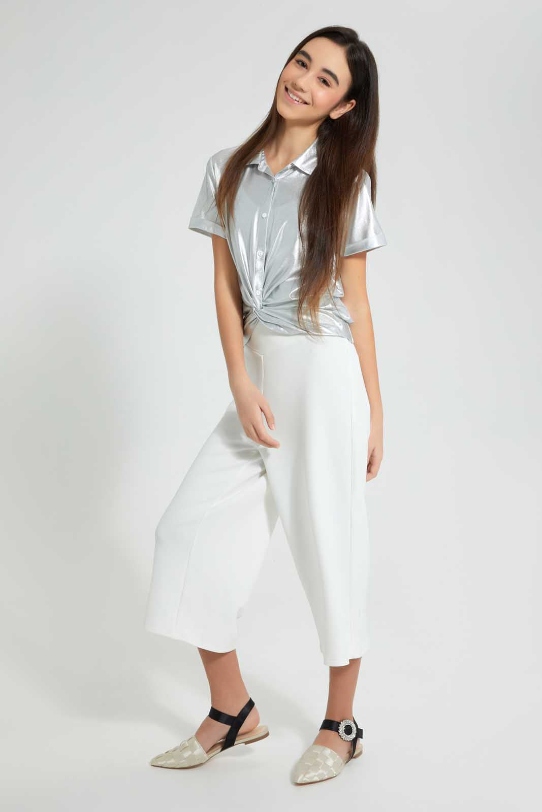 Redtag-Silver-Coated-Front-Tie-Collared-Top-Blouses-Senior-Girls-9 to 14 Years
