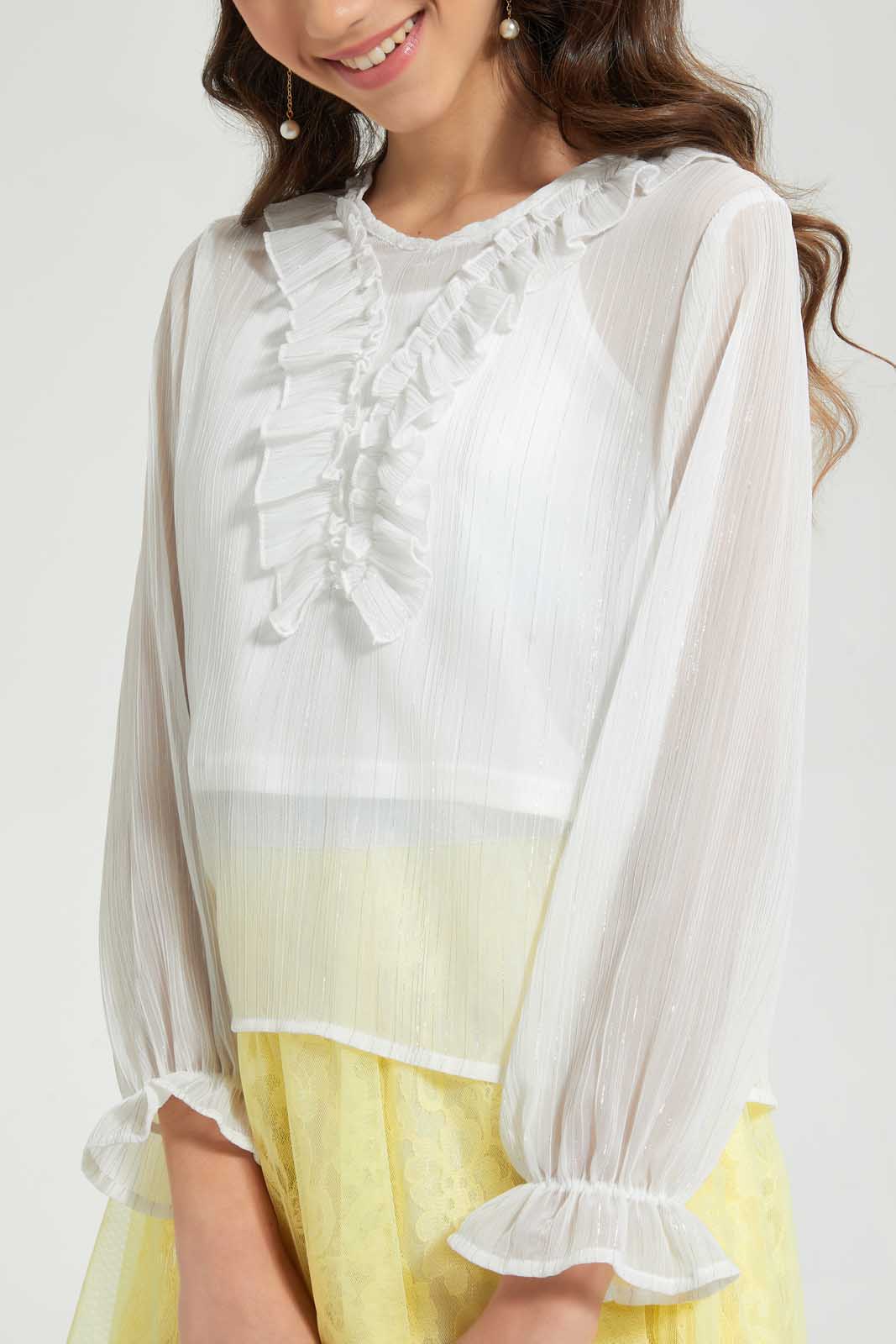 Redtag-White/Silver-Lurex-Ruffled-Front-Blouse-Blouses-Senior-Girls-9 to 14 Years