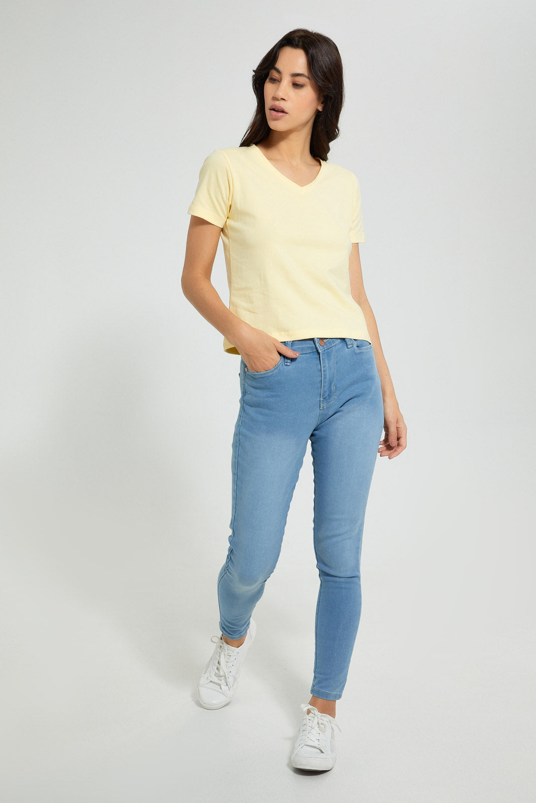 Redtag-Lemon--Plain-Short--Sleeve--V-Neck-T-Shirt-Active-Tees-Women's-