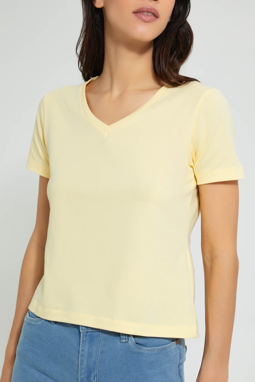 Redtag-Lemon--Plain-Short--Sleeve--V-Neck-T-Shirt-Active-Tees-Women's-