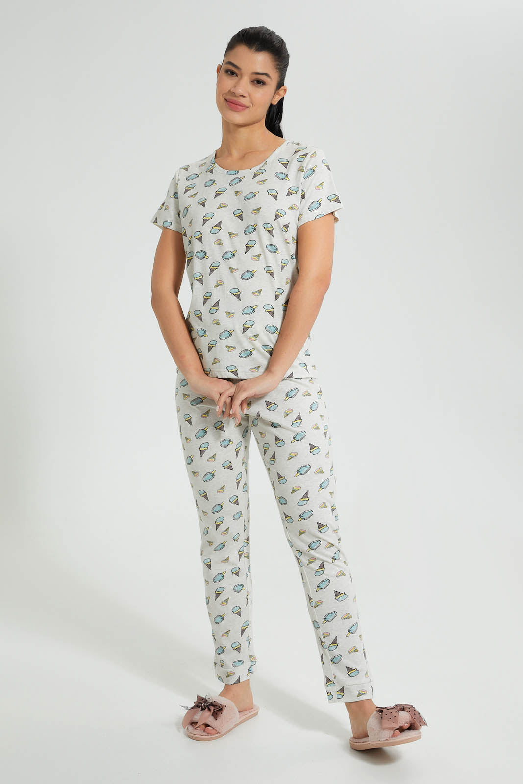 Redtag-Off-White-Printed-Pyjama-Set-Colour:Cream,-Filter:Women's-Clothing,-New-In,-New-In-Women,-Non-Sale,-S22B,-Section:Women,-Women-Pyjama-Sets-Women's-
