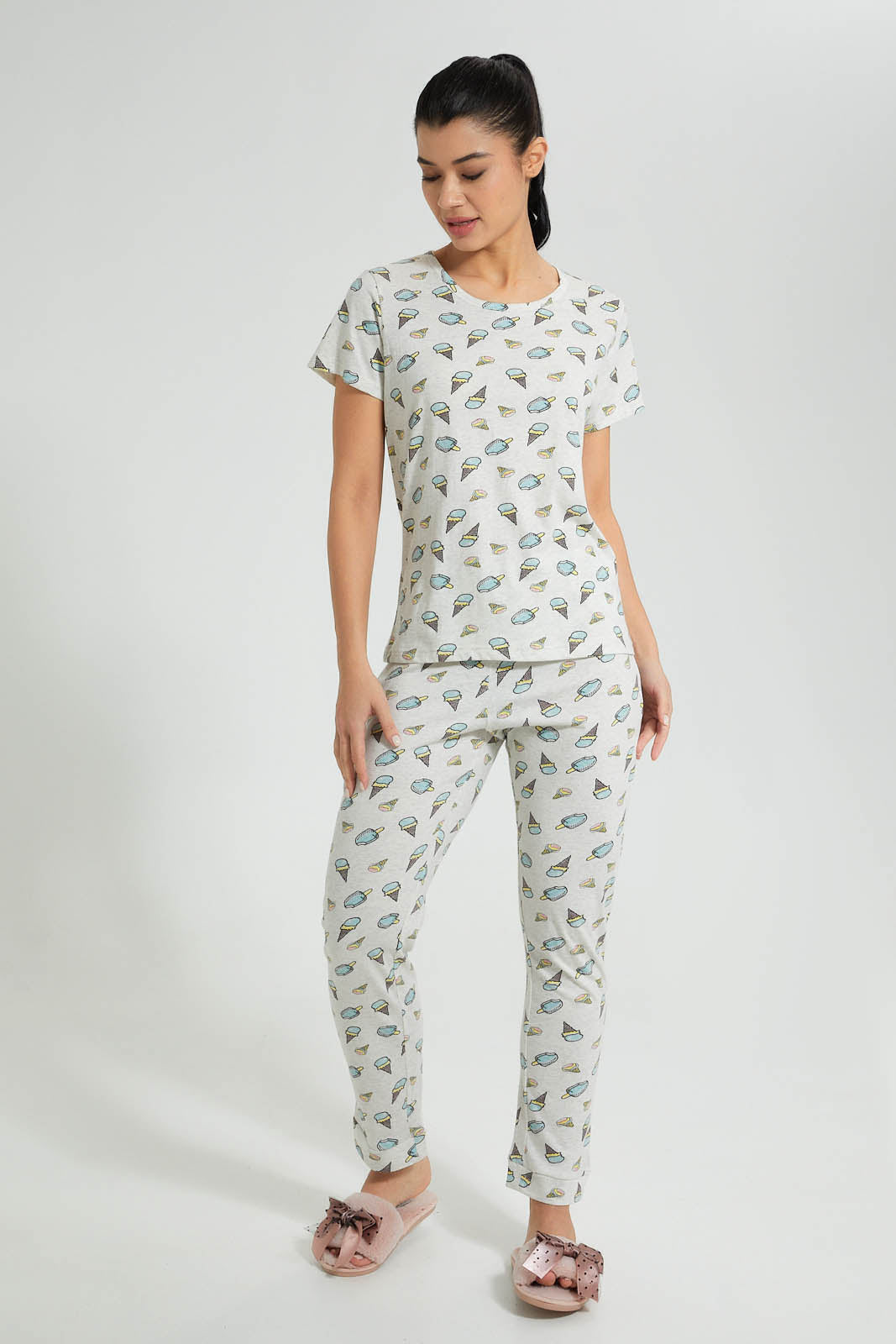 Redtag-Off-White-Printed-Pyjama-Set-Colour:Cream,-Filter:Women's-Clothing,-New-In,-New-In-Women,-Non-Sale,-S22B,-Section:Women,-Women-Pyjama-Sets-Women's-