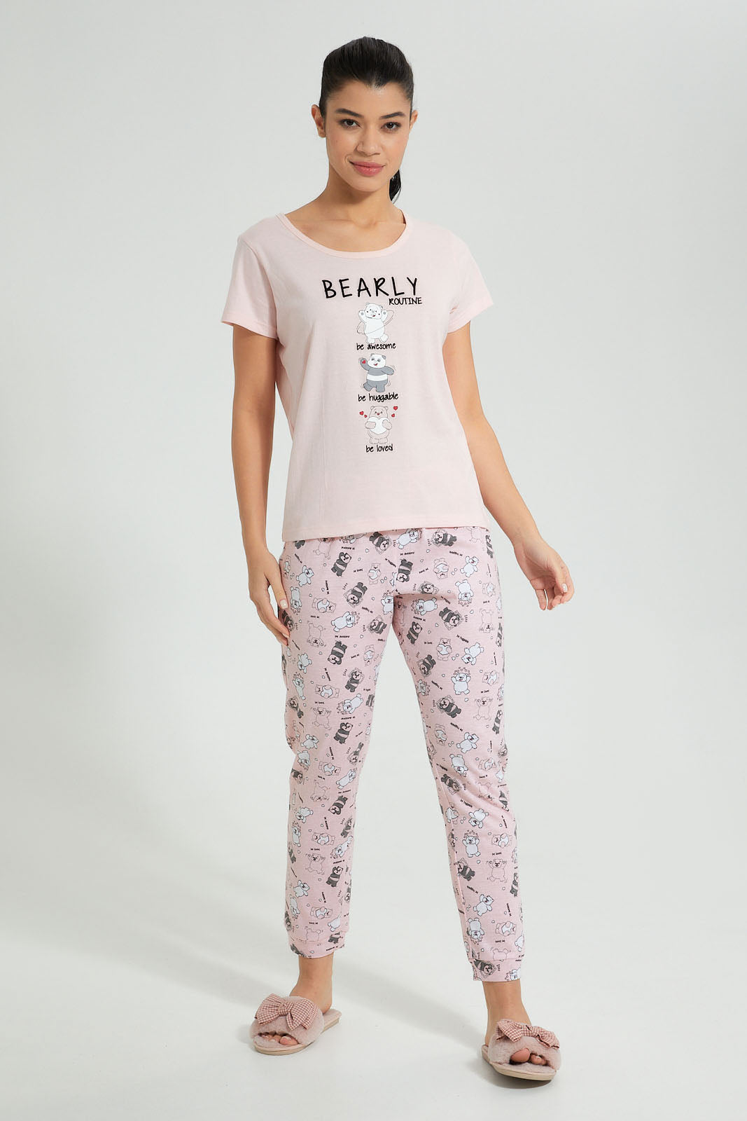 Redtag-Peach-Bearly-Printed-Pyjama-Set-Colour:Pink,-Filter:Women's-Clothing,-New-In,-New-In-Women,-Non-Sale,-S22B,-Section:Women,-Women-Pyjama-Sets-Women's-