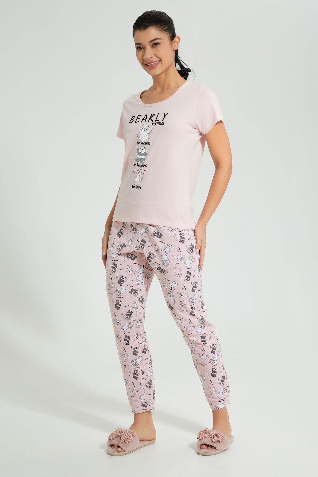 Redtag-Peach-Bearly-Printed-Pyjama-Set-Colour:Pink,-Filter:Women's-Clothing,-New-In,-New-In-Women,-Non-Sale,-S22B,-Section:Women,-Women-Pyjama-Sets-Women's-