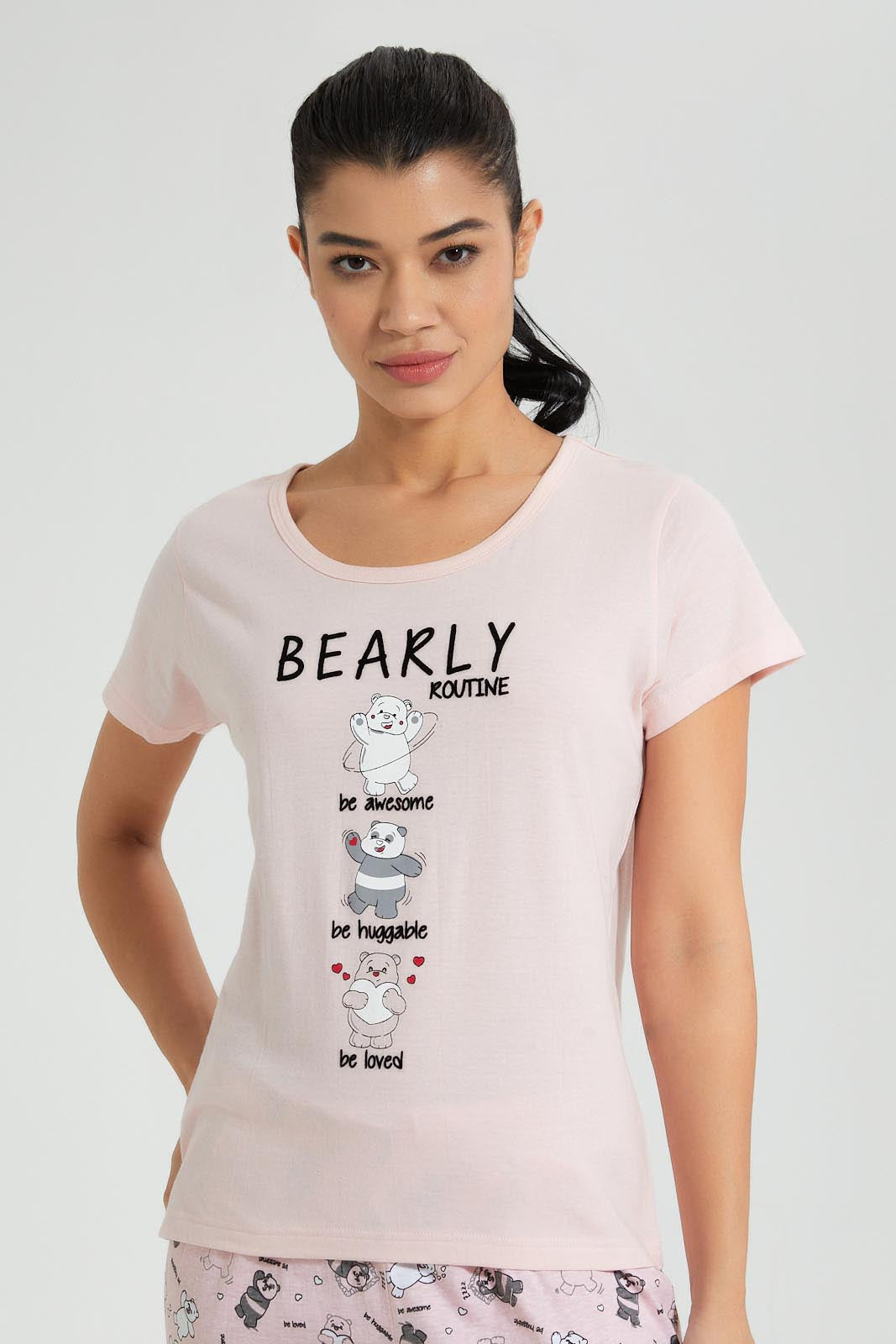 Redtag-Peach-Bearly-Printed-Pyjama-Set-Colour:Pink,-Filter:Women's-Clothing,-New-In,-New-In-Women,-Non-Sale,-S22B,-Section:Women,-Women-Pyjama-Sets-Women's-
