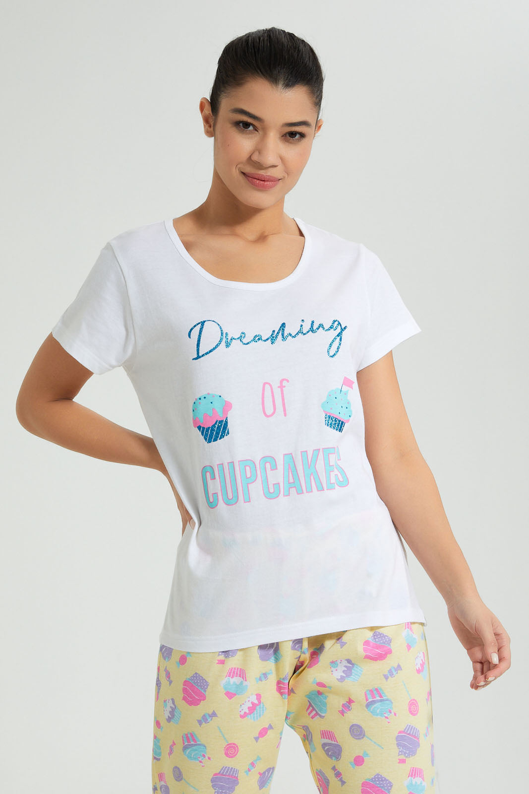 Redtag-Green-Cup-Cakes-Printed-Pyjama-Set-Colour:Green,-Filter:Women's-Clothing,-New-In,-New-In-Women,-Non-Sale,-S22B,-Section:Women,-Women-Pyjama-Sets-Women's-